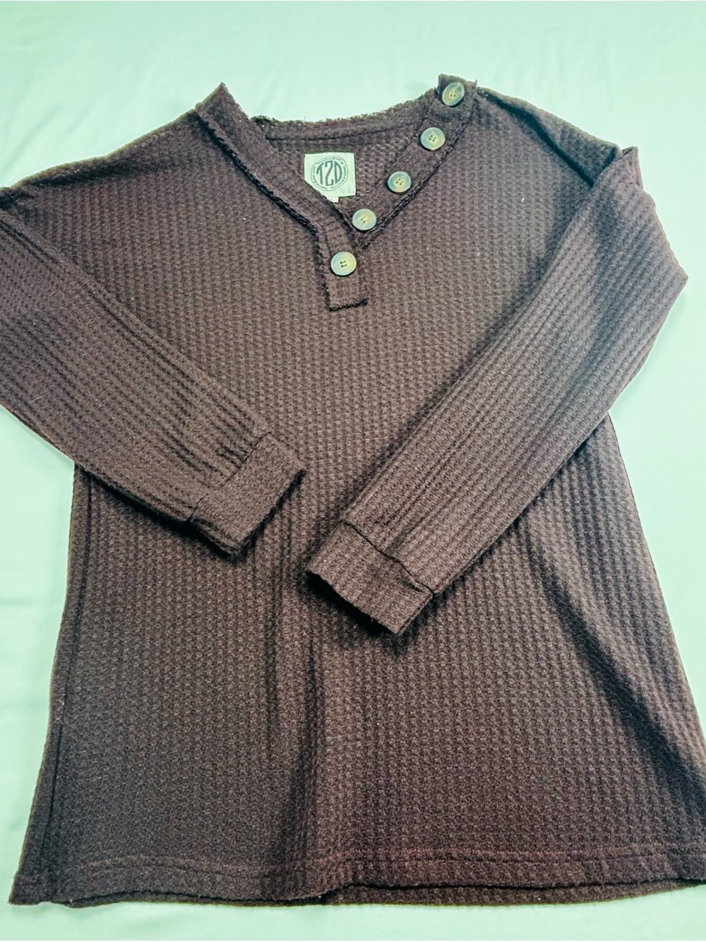 Button-Accent Waffle Knit Long Sleeve Top - Dark Brown W521